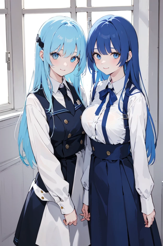 (masterpiece), (best quality), (ultra detailed),(dishevelled hair),(illustration), ((twins sisters, blue hair)(2woman)), long hair, standing, Fashion model ( school uniform clothes), looking at viewer, (interview), (casual school background),beautiful blue eyes, delicate beautiful face, ,(high saturation),(colorful splashes),(shining), blue hair (shining), bangs, best lighting, best shadow. smiling. big breast