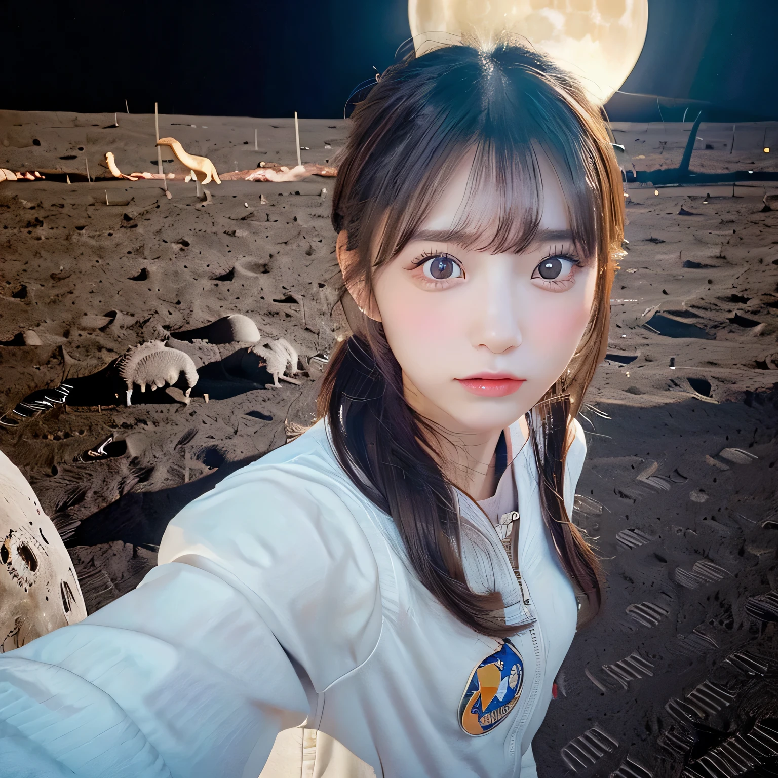 (Girl taking selfie on the moon:1.5) ,(landing on the moon:1.2),( Dinosaurs in the distance:1.5),original photography,(ultimate beauty portrait、dry skin 、top quality、Super detailed、movie light、intricate details、high resolution、Very detailed、1 girl、huge breasts,cold expression、brown hair、Big eyes sparkling like gems、Harajuku、24 year old beautiful girl),space suit,