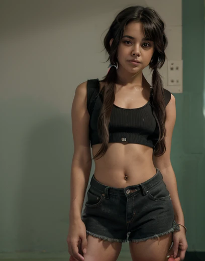 16 year old teenage woman. Morocha. Short stature. Cabello negro con dos colitas. Cuerpo delgado. Buen cuerpo campera recortada. Abdomen desnudo. Hip pants. Pierna gruesas. 