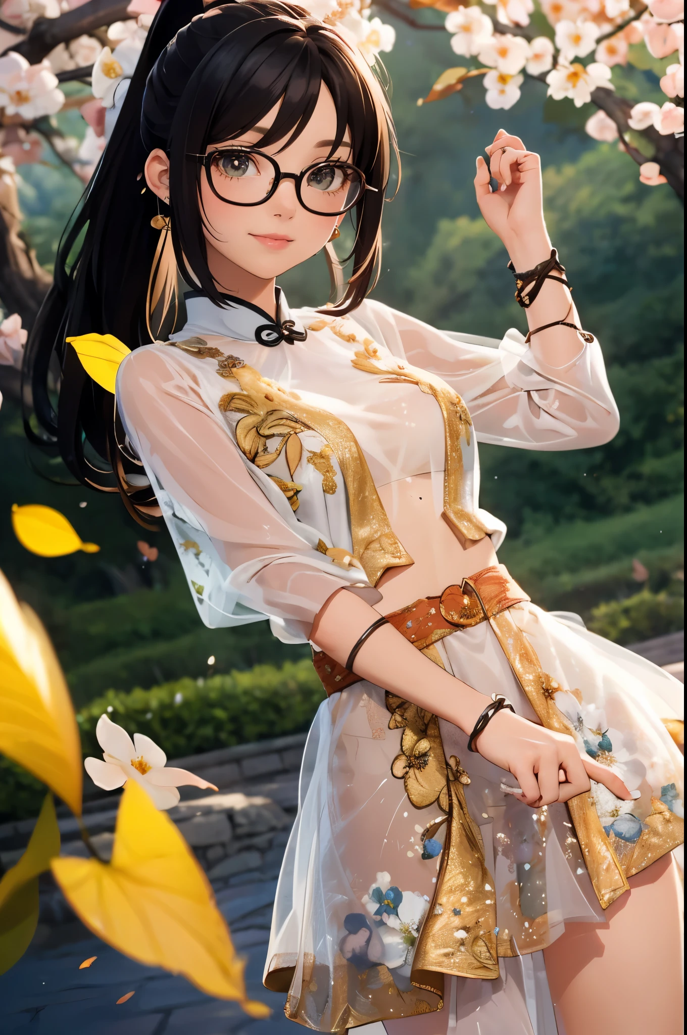 Wide shot, Beautiful girl, black hair in a ponytail, bangs, a hair accessory, wearing glasses, a bright smile, small breasts, a slim waist, (wearing a hanfu ((see-through)) with many layers of intricate details (light yellow)) , Dresses fluttering in the wind, seductive dances, the backdrop is an island with only peach trees in full bloom, many peach petals fluttering, morning light, anime, high quality