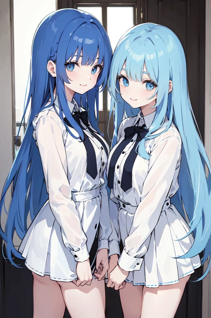 (masterpiece), (best quality), (ultra detailed),(dishevelled hair),(illustration), ((twins sisters, blue hair)(2woman)), long hair, standing, Fashion model ( school uniform clothes), looking at viewer, (interview), (casual school background),beautiful blue eyes, delicate beautiful face, ,(high saturation),(colorful splashes),(shining), blue hair (shining), bangs, best lighting, best shadow. smiling. big breast