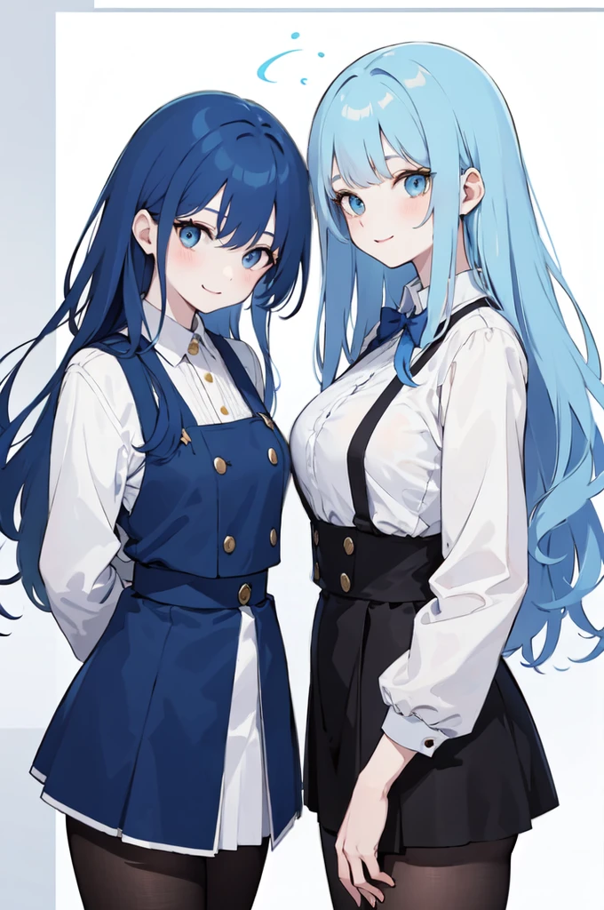 (masterpiece), (best quality), (ultra detailed),(dishevelled hair),(illustration), ((twins sisters, blue hair)(2woman)), long hair, standing, Fashion model ( school uniform clothes), looking at viewer, (interview), (casual school background),beautiful blue eyes, delicate beautiful face, ,(high saturation),(colorful splashes),(shining), blue hair (shining), bangs, best lighting, best shadow. smiling. big breast