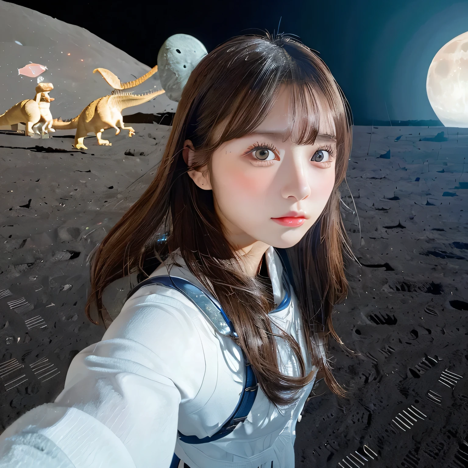 (Girl taking selfie on the moon:1.5) ,(landing on the moon:1.2),( Dinosaurs in the distance:1.5),original photography,(ultimate beauty portrait、sparkling skin、top quality、Super detailed、movie light、intricate details、high resolution、Very detailed、1 girl、huge breasts,cold expression、brown hair、Big eyes sparkling like gems、Harajuku、24 year old beautiful girl),space suit,