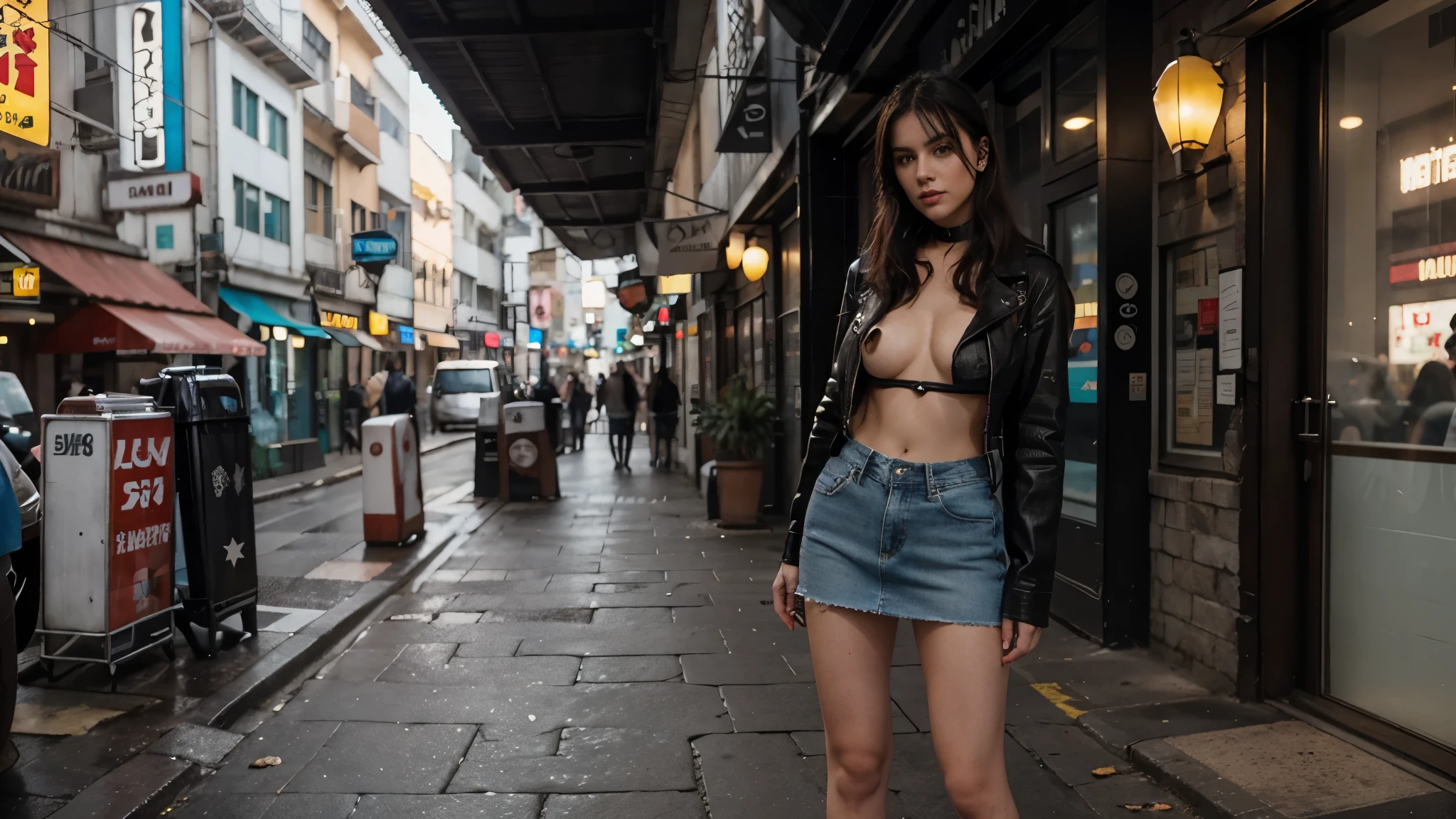 Garota loira de 19 anos, standing, ereta, standing on her feet, standingn, nua, seios nus, top less, mamilos rosados, nsfw, muito bonita, athletic, cabelos loiros, olhos azuis, red-lips, franja, usando short denim skirt, saia muito curta, pernas grossas, pernas bonitas, cintura estreita, abdome exposto, umbigo exposto, NSFW, botas de coxa de couro preto, saia denim curta, denim mini-skirt, mini-saia, saia curta azul, cinto de couro preto, seios pequenos, mamilos rosados, porcelain skin, The girl is wearing a black leather choker, the girl is wearing black leather boots, botas de coxa de couro preto, The girl is standing on a street in a cyberpunk city, cidade cyberpunk futurista, estilo blade runner, cena noturna, luzes da cidade, saia muito curta, micro-saia.