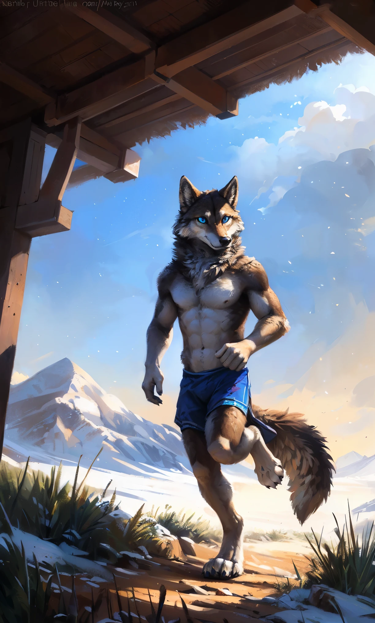 ((Solo)), male people, anthro wolf, (Multi-colored fur, White-brown:1.3，White tail pointed), (Height 2.1m,Tail length 1.2m), ((Wolf face, Big eyes, White eyelids, Blue pupil, Slim:1.2) (Tough, Calm expression:1.2))abs, Slim, pinging)), (Correct anatomy), body  naked, (detailed outfits),A long big tail，Feet，(Realistic fur, Detailed fur texture, labeled:1.3)), (Natural lighting), Photorealistic, Hyperrealistic, ultradetailed, by Kenket，Snowfield，erect through，Running on