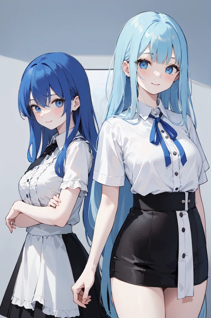 (masterpiece), (best quality), (ultra detailed),(dishevelled hair),(illustration), ((twins sisters, blue hair)(2woman)), long hair, standing, Fashion model ( ying yang clothes), looking at viewer, (interview), (casual school background),beautiful blue eyes, delicate beautiful face, ,(high saturation),(colorful splashes),(shining), blue hair (shining), bangs, best lighting, best shadow. smiling. big breast