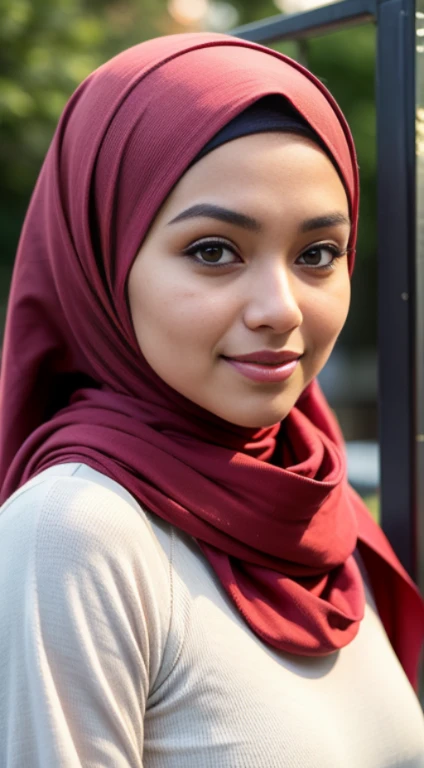 RAW, Best quality, high resolution, masterpiece: 1.3), beautiful Malay woman in hijab,Masterpiece, perfect fit body, Huge breast, biggorgeous eyes, Soft smile,woman in a red scarf standing in a city garden, lovely woman, hijab, malay, Beutifull girl, with lovely look, casual pose, beautiful lady, shawl, beautiful woman, with accurate, scarf,Delicate turtleneck, necklace, shairband, afternoon walk, City garden, Excellent lighting, Bright colors, Clean lines