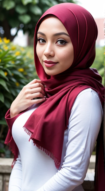 RAW, Best quality, high resolution, masterpiece: 1.3), beautiful Malay woman in hijab,Masterpiece, perfect fit body, Huge breast, biggorgeous eyes, Soft smile,woman in a red scarf standing in a city garden, lovely woman, hijab, malay, Beutifull girl, with lovely look, casual pose, beautiful lady, shawl, beautiful woman, with accurate, scarf,Delicate turtleneck, necklace, shairband, afternoon walk, City garden, Excellent lighting, Bright colors, Clean lines