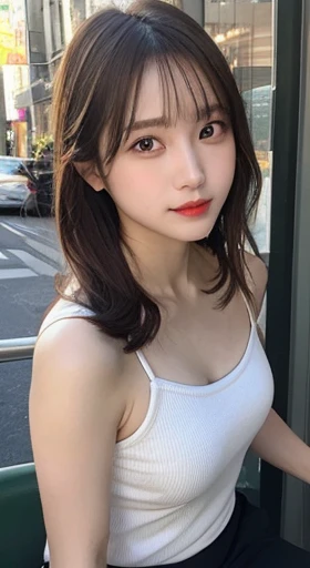 finely, High resolution, high quality、完璧なダイナミックな構figure, beautiful and fine eyes, medium hair, 、natural color lip,Kamimei、Shibuya Ward、20 year old girl、1 person、transparent skin、shining hair、Cafe, 最high quality, figure, super detailed, finely, High resolution, 8K、correct state of the human body、squat、hair flying in the wind、small breasts、camisole、Angle from above、upward glance