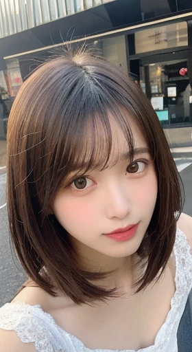 finely, High resolution, high quality、完璧なダイナミックな構figure, beautiful and fine eyes, medium hair, 、natural color lip,Kamimei、Shibuya Ward、20 year old girl、1 person、transparent skin、shining hair、Cafe, 最high quality, figure, super detailed, finely, High resolution, 8K、correct state of the human body、squat、hair flying in the wind、small breasts、camisole、Angle from above、upward glance