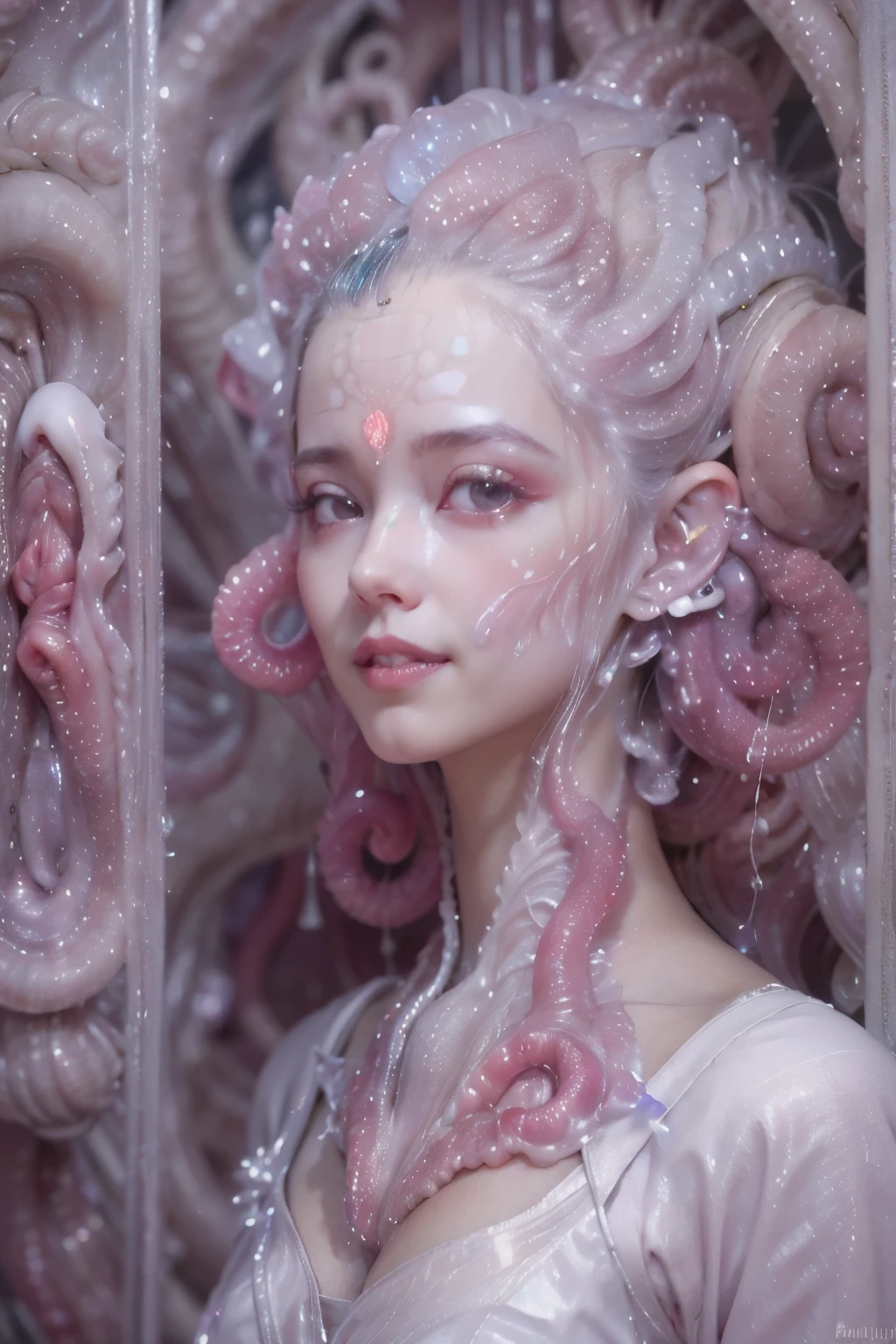 (A portrait of one beautiful and obscene female alien who is a young teenager:1.4), ((There is a female genital-like organ in the middle of her forehead:1.8)), (realistic face:1.2), (Numerous award-winning masterpieces, with incredible detail, textures and maximum detail), artistic photography, midnight aura, unreal engine 5, Ultra Sharp Focus, art by Amano Yoshitaka, ArtGerm, Roisch, intricate artwork, ultra realistic realism, high resolution, High freshness, drawing faithfully, official art, Unity 8K Wall paper, ultra detailed artistic photography, dream-like, Creation of fantasy, dream Snail, (biopunk nautilus:1.3),Thrilling color schemes, seductively smiling, Amazing mutation, well-proportioned body, goddess of the deep sea, fractal, Geometric pattern, impossible figures, (translucent white tentacles with luminescent organs:1.4), subtle emerald green accents, (smiling seductively:1.3),(She has the most beautiful face in the history of the universe:1.5), Penelope Cruz, (she is looking down at viewers with glowing red eyes with no pupils:1.3), an evil gaze that seduces, cinematic lighting, (Vampire-like long canine teeth can be glimpsed through the gap between the lips:1.3), in the hall of the palace, Sweet breath is exhaling from beautiful lips, ecstatic expression