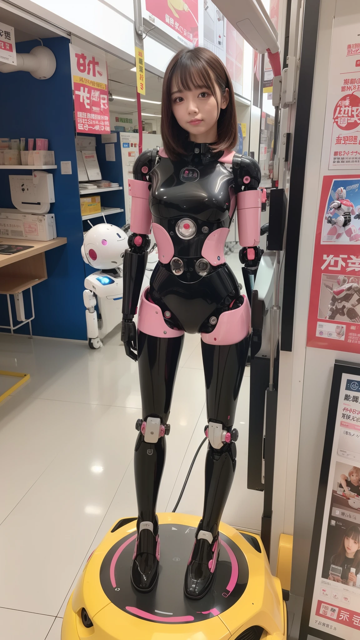masterpiece, best quality, extremely detailed, (8K, 4K, Best Quality, Hight resolution, 超A high resolution:1.1), 8K portrait,1girl in, Japanese android girl, android teacher, control panels, android, Droid, Mechanical Hand, ,Robot arms and legs, Black hair, Mechanical body, Blunt bangs, Pink Robotics Parts, perfect robot woman, Charging spot, Long Tube, A thick cable was connected to her neck, ceramic body , android, robot humanoid, panty, full eyes, perfect mechanical body, pink robotics body, future assembly plant, Pink body, She has repaired, lack sponge joints, android assembly plant, android, laboratory, platform boots, perfect machine body, pink robot body