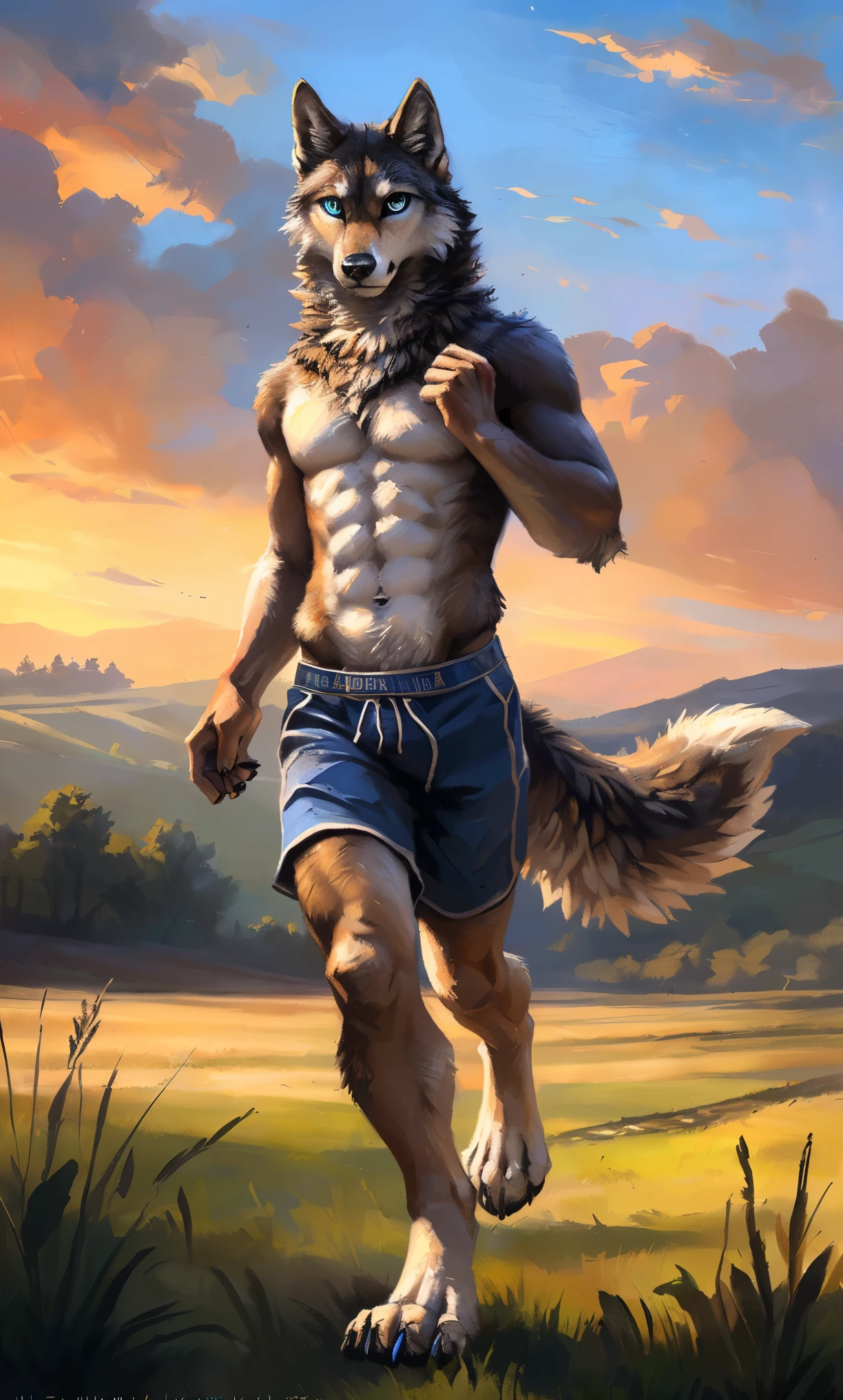 ((Solo)), male people, anthro wolf, (Multi-colored fur, White-brown:1.3,White tail pointed), (Height 2.1m,Tail length 1.2m), ((Wolf face, Big eyes, White eyelids, Blue pupil, Slim:1.2) (Tough, Calm expression:1.2)), Abs, Slim, pinging)), (Correct anatomy), (Work shorts:1.1), The upper body naked, (detailed outfits),A long big tail,Feet,(Realistic fur, Detailed fur texture, labeled:1.3)), (Natural lighting), Photorealistic, Hyperrealistic, ultradetailed, by Kenket,Field,erect through,Running on
