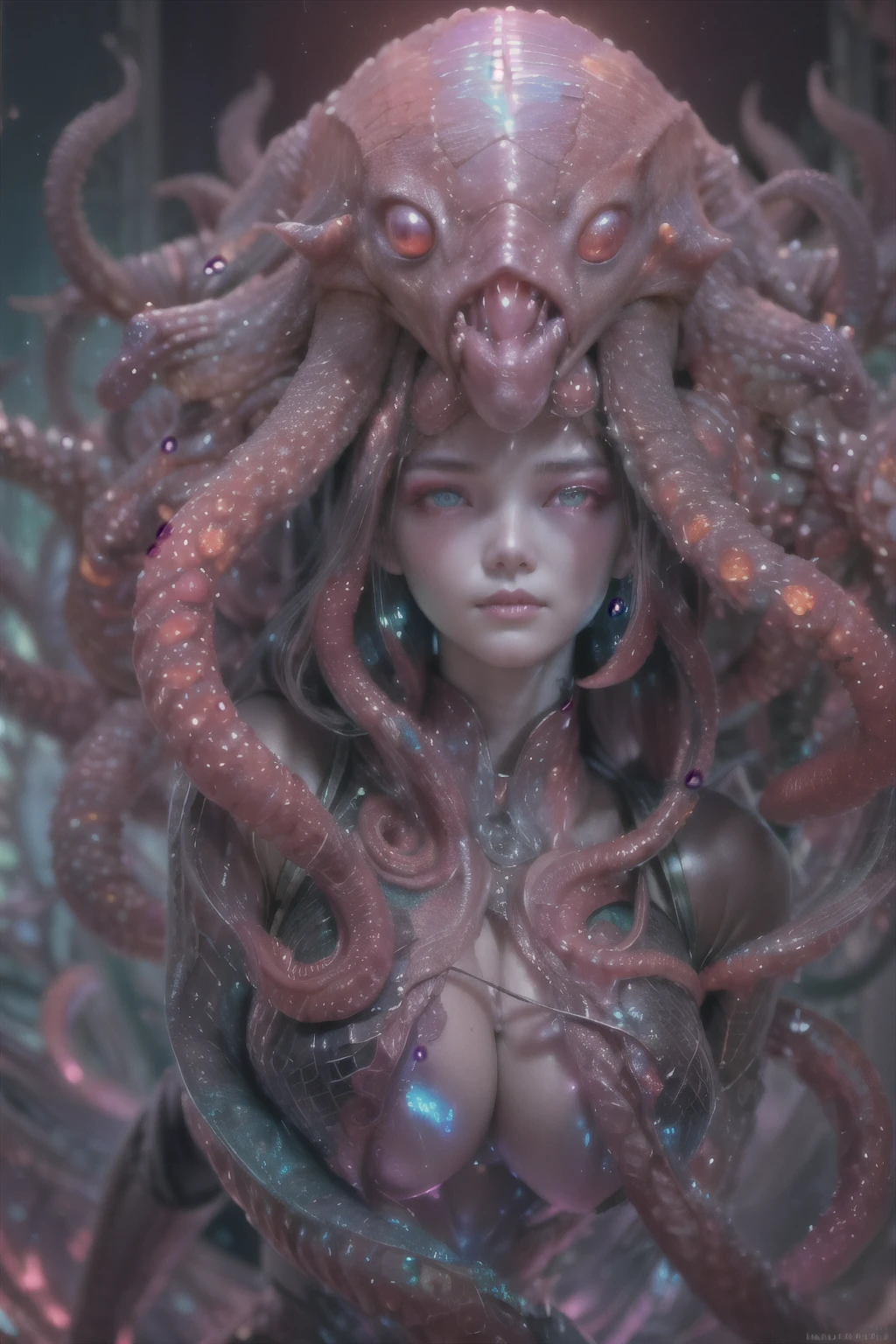 (1 beautiful and obscene female alien:1.4), (There is a female genital-like organ in the middle of her forehead:1.95), She has medusa-like hair, (there are lots of translucent tentacles from her head like her hair:1.5), (vulgarity1.7), (she is looking at viewers with glowing red eyes with no pupils:1.6), (She has translucent pale skin:1.4),(She has the most beautiful face in the history of the universe:1.2), (She has multiple bioluminescent organs on the side of her tentacles:1.4), (Her body is covered with an iridescent exoskeleton:1.4), (She is showing her arm pits:1.6), an evil gaze that seduces, (looking down at viewers:1.4),(Vampire-like long canine teeth can be glimpsed through the gap between the cute lips:1.4) (bio luminescent:1.4), (Smile wickedly:1.3), (sexypose:1.4), alien, No humans, cells are fused, extraterrestrial, cell, bio image, ultra high resolution, (photos realistic:1.7), (Numerous award-winning masterpieces, with incredible detail, textures and maximum detail), Dramatic Lighting, cinematic quality, (exquisite details:1.2), High freshness, drawing faithfully, (Thick eyebrows:1.2), Beautiful eyes with fine symmetry,(Highly detailed face and eyes:1.2),(Super detailed skin quality feeling:1.4), perfect anatomy, (Beautiful toned body:1.5), (Moist skin:1.2), not wearing makeup, (dark circles:1.1), long canines, cinematic drawing of characters, cinematic quality, (exquisite details:1.2), high resolution, High freshness, drawing faithfully, official art, Unity 8K Wall paper, ultra detailed artistic photography, midnight aura, unreal engine 5, Ultra Sharp Focus, art by Amano Yoshitaka, ArtGerm, ultra realistic realism, dream-like, Creation of fantasy, dream Snail, (biopunk nautilus:1.3),Thrilling color schemes, seductively smiling, Amazing mutation, well-proportioned body, goddess of the deep sea, fractal, Geometric pattern, impossible figures, subtle emerald green accents, (expression of ecstasy:1.4)