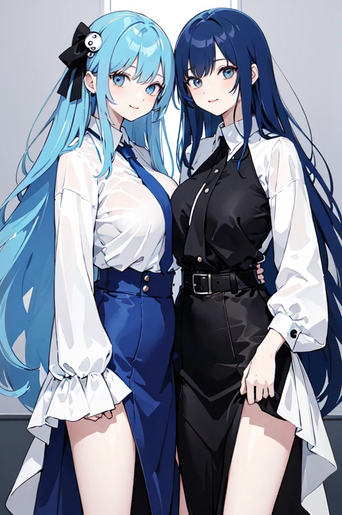 (masterpiece), (best quality), (ultra detailed),(dishevelled hair),(illustration), ((twins sisters, blue hair)(2woman)), long hair, standing, Fashion model ( ying yang clothes), looking at viewer, (interview), (casual school background),beautiful blue eyes, delicate beautiful face, ,(high saturation),(colorful splashes),(shining), blue hair (shining), bangs, best lighting, best shadow. smiling. big breast