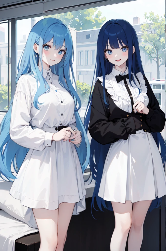 (masterpiece), (best quality), (ultra detailed),(dishevelled hair),(illustration), ((twins sisters, blue hair)(2woman)), long hair, standing, Fashion model ( ying yang clothes), looking at viewer, (interview), (casual school background),beautiful blue eyes, delicate beautiful face, ,(high saturation),(colorful splashes),(shining), blue hair (shining), bangs, best lighting, best shadow. smiling. big breast