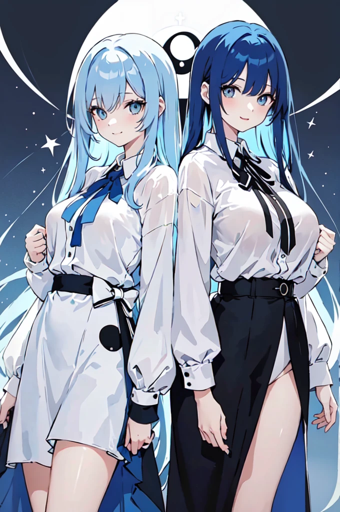 (masterpiece), (best quality), (ultra detailed),(dishevelled hair),(illustration), ((twins sisters, blue hair)(2woman)), long hair, standing, Fashion model ( ying yang clothes), looking at viewer, (interview), (casual school background),beautiful blue eyes, delicate beautiful face, ,(high saturation),(colorful splashes),(shining), blue hair (shining), bangs, best lighting, best shadow. smiling. big breast