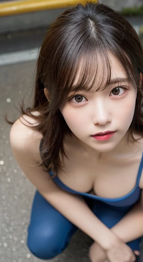 finely, High resolution, high quality、完璧なダイナミックな構figure, beautiful and fine eyes, medium hair, 、natural color lip,Kamimei、Shibuya Ward、20 year old girl、1 person、transparent skin、shining hair、Ocean, 最high quality, figure, super detailed, finely, High resolution, 8K、correct state of the human body、squat、hair flying in the wind、small breasts、camisole、Angle from above、upward glance