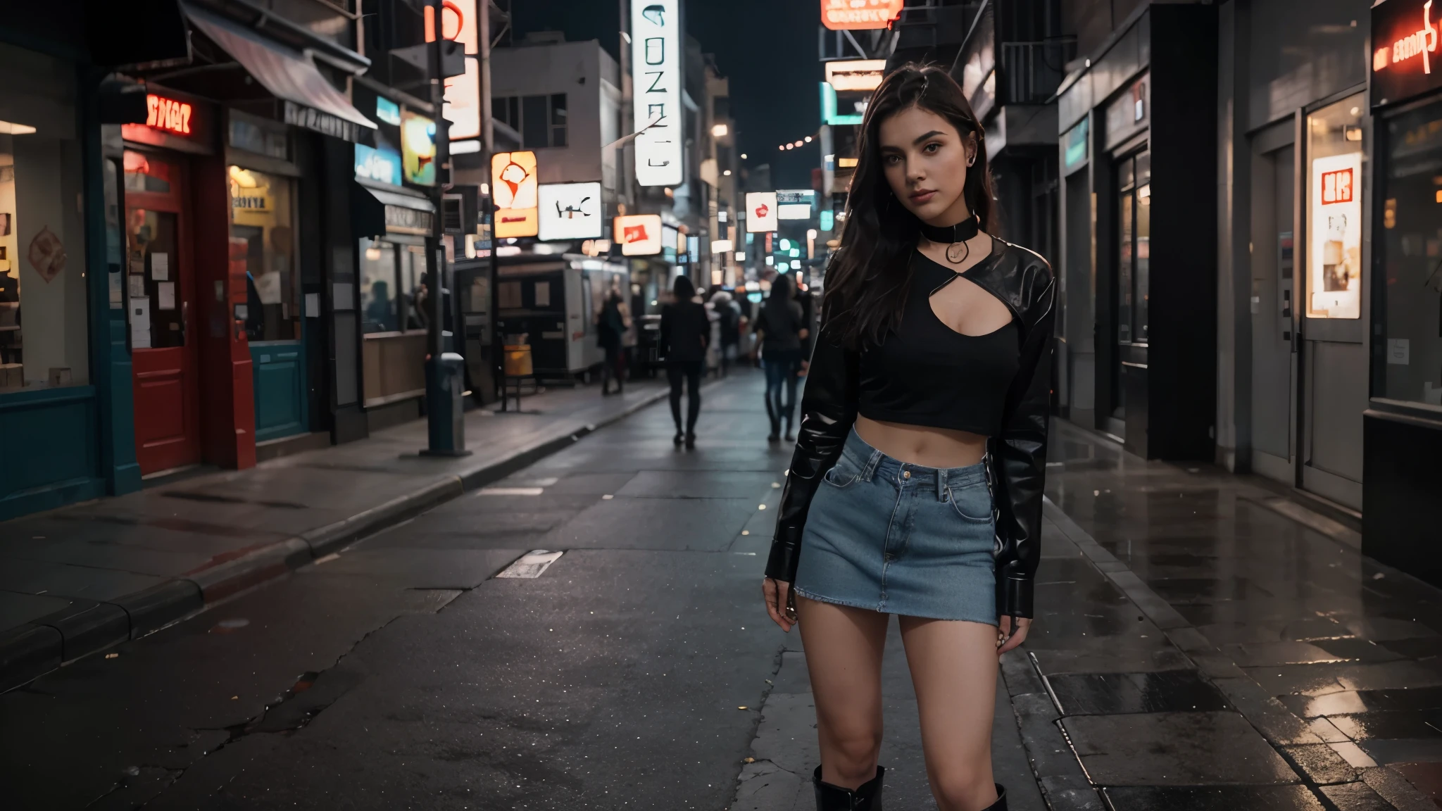 Garota loira de 19 anos, standing, ereta, standing on her feet, standingn, nua, nsfw, muito bonita, athletic, cabelos loiros, olhos azuis, red-lips, franja, usando short denim skirt, saia muito curta, pernas grossas, pernas bonitas, cintura estreita, abdome exposto, NSFW, botas de coxa de couro preto, saia denim curta, denim mini-skirt, mini-saia, saia curta azul, cinto de couro preto, seios pequenos, mamilos rosados, porcelain skin, The girl is wearing a black leather choker, the girl is wearing black leather boots, botas de coxa de couro preto, The girl is standing on a street in a cyberpunk city, cidade cyberpunk futurista, estilo blade runner, cena noturna, luzes da cidade,