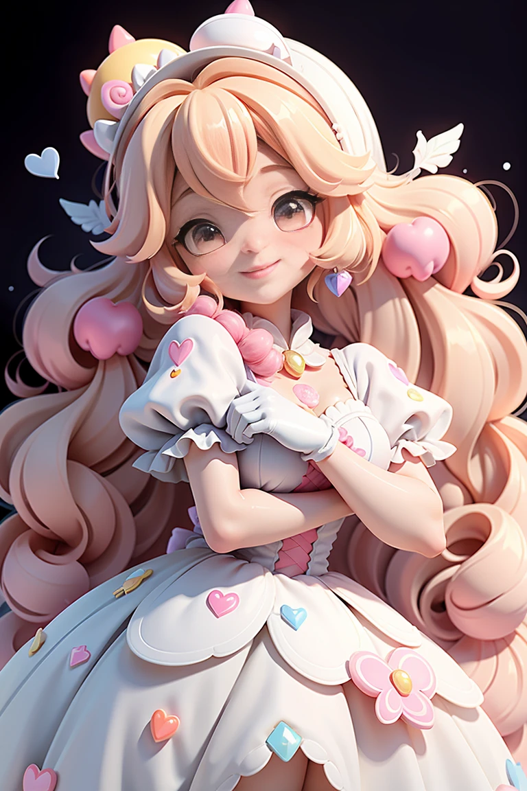   anime(Princess Peach), wearing white gloves, colorful dress, Happy face with cute smile, blush, , nice face woo woo, black hair long slime, with feather design, Party spray pain background, colorful painting dresses, mixed hair, photograph, modern accessories , Delicate and detailed eyes, Delicate and detailed smile, milky, Pelorescent, holographic, bright background