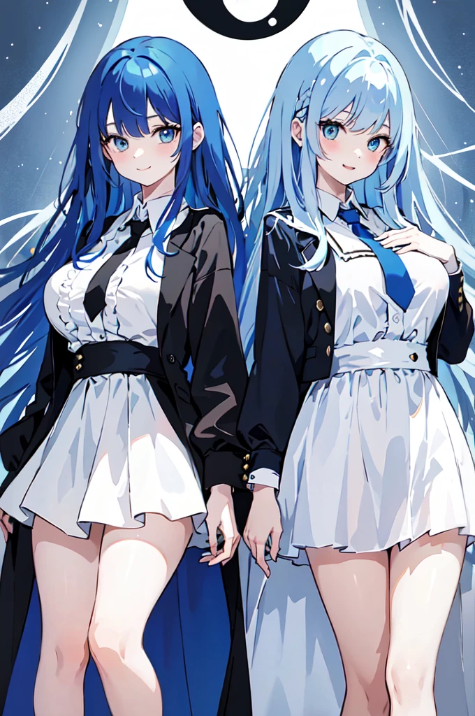 (masterpiece), (best quality), (ultra detailed),(dishevelled hair),(illustration), ((twins sisters, blue hair)(2woman)), long hair, standing, Fashion model ( ying yang clothes), looking at viewer, (interview), (casual school background),beautiful blue eyes, delicate beautiful face, ,(high saturation),(colorful splashes),(shining), blue hair (shining), bangs, best lighting, best shadow. smiling. big breast