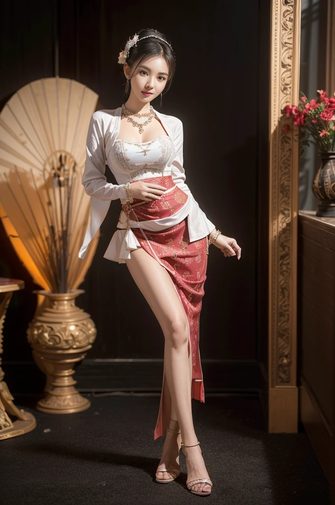 (realistic:1.3), Crazy details, quality, (Create a masterpiece:1.2), (ภาพrealistic:1.2), (qualityที่ดีที่สุด), (Fine skin:1.3), (complicated details), Ray Tracing, ((full body picture)), ((ผู้หญิง 1 person)), (((1 person))), 18-20 years old, ผมlong, smile, red dress, patterned skirt, Contrast color between dress and skirt, skirt pattern, earring, necklace, Javanese jewelry, ((big breasts, Beautiful breasts, breast augmentation, Beautiful breasts, small waist, small thighs, long, Slender legs)), ((รูปร่างเพรียวthin, thin)), (blurred background)