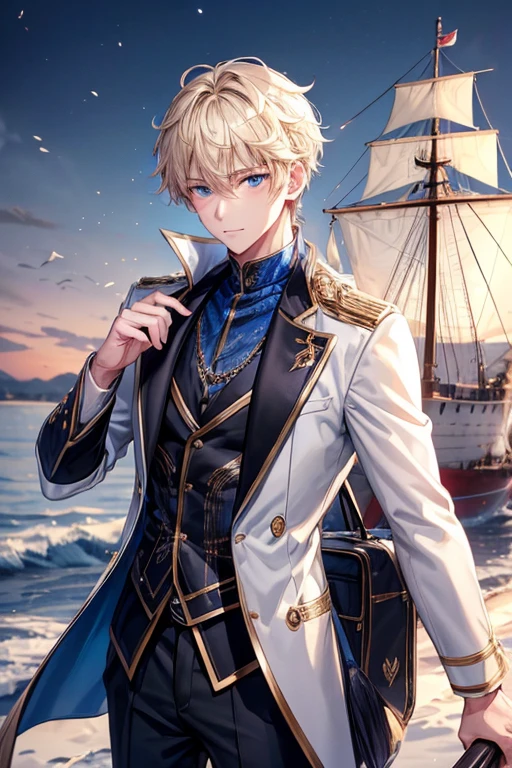 a handsome guy、20代の男性、Winter clothes、Blonde shorthair、blue eyes、long sleeve、board a ship、High resolution、In 8K、sharp focus、zoom、with the best image quality、highest quality