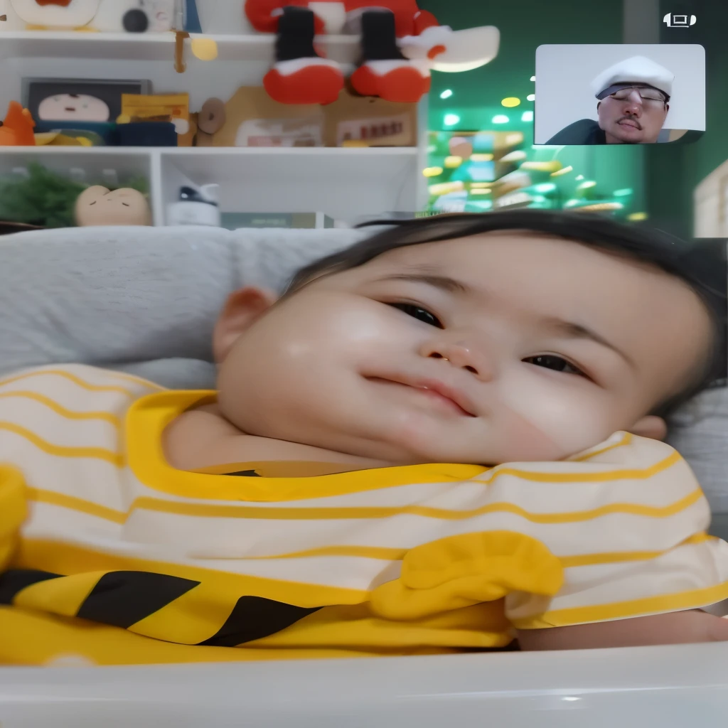 there is a baby in a high chair with a video chat, reyyan, ayan nag, rosey cheeks, markings on his face, profile pic, cute boy, riyahd cassiem, boy with neutral face, facebook post, full cheeks, ruan cute vtuber, toddler, cute face, ismail, innocent face, young