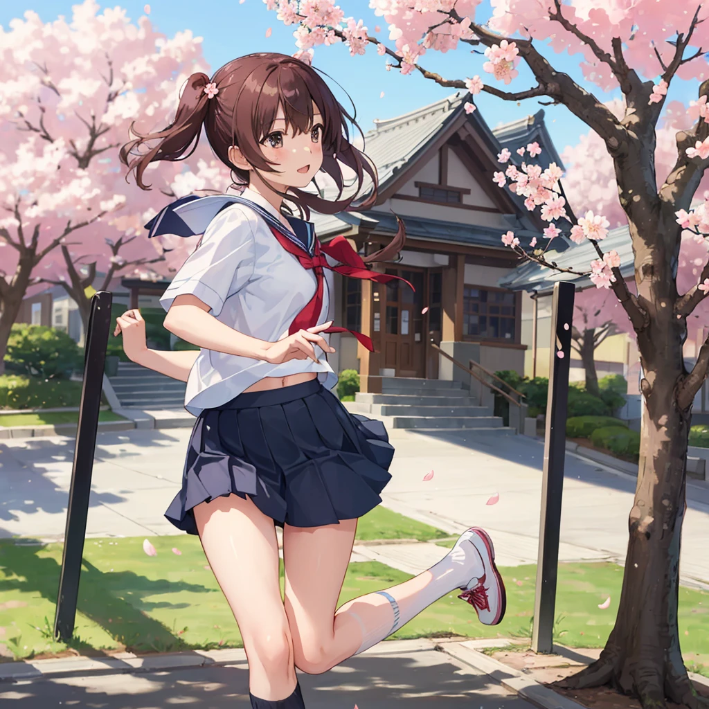 (masterpiece, best quality)  girl in school uniform running, cherry blossoms trees