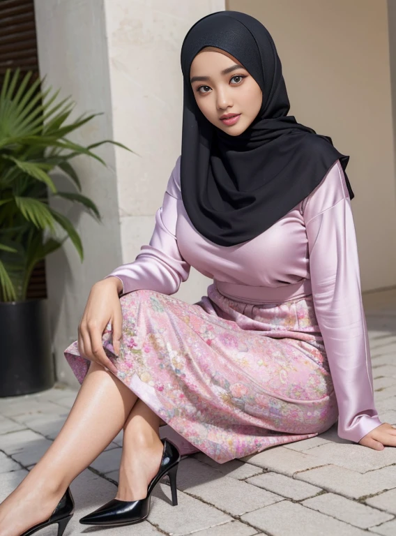 (Best quality, high resolution, masterpiece: 1.3), a beautiful malay woman in hijab, big breasts, slim figure, sweatshirt, beautifully presented details in the street and facial and skin texture, detailed eyes, double eyelids, big eyeschest visible, shirt openfeatures), HDR, 8k resolution, nice fingers, firm skin, (((high detail skin, visible pores))), 1 female, tall body, sitting on the bed, 30 years old, big breasts: 1.4, wearing Floral Silk Tight Malay Gamis Pastel Close Up Tight Hijab, Full Body, Beautiful Shy Smile, Wearing High Heels, In Lux