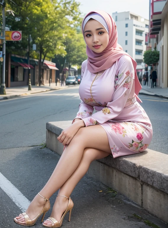 (Best quality, high resolution, masterpiece: 1.3), a beautiful malay woman in hijab, big breasts, slim figure, sweatshirt, beautifully presented details in the street and facial and skin texture, detailed eyes, double eyelids, big eyeschest visible, shirt openfeatures), HDR, 8k resolution, nice fingers, firm skin, (((high detail skin, visible pores))), 1 female, tall body, sitting on the bed, 30 years old, big breasts: 1.4, wearing Floral Silk Tight Malay Gamis Pastel Close Up Tight Hijab, Full Body, Beautiful Shy Smile, Wearing High Heels, In Lux