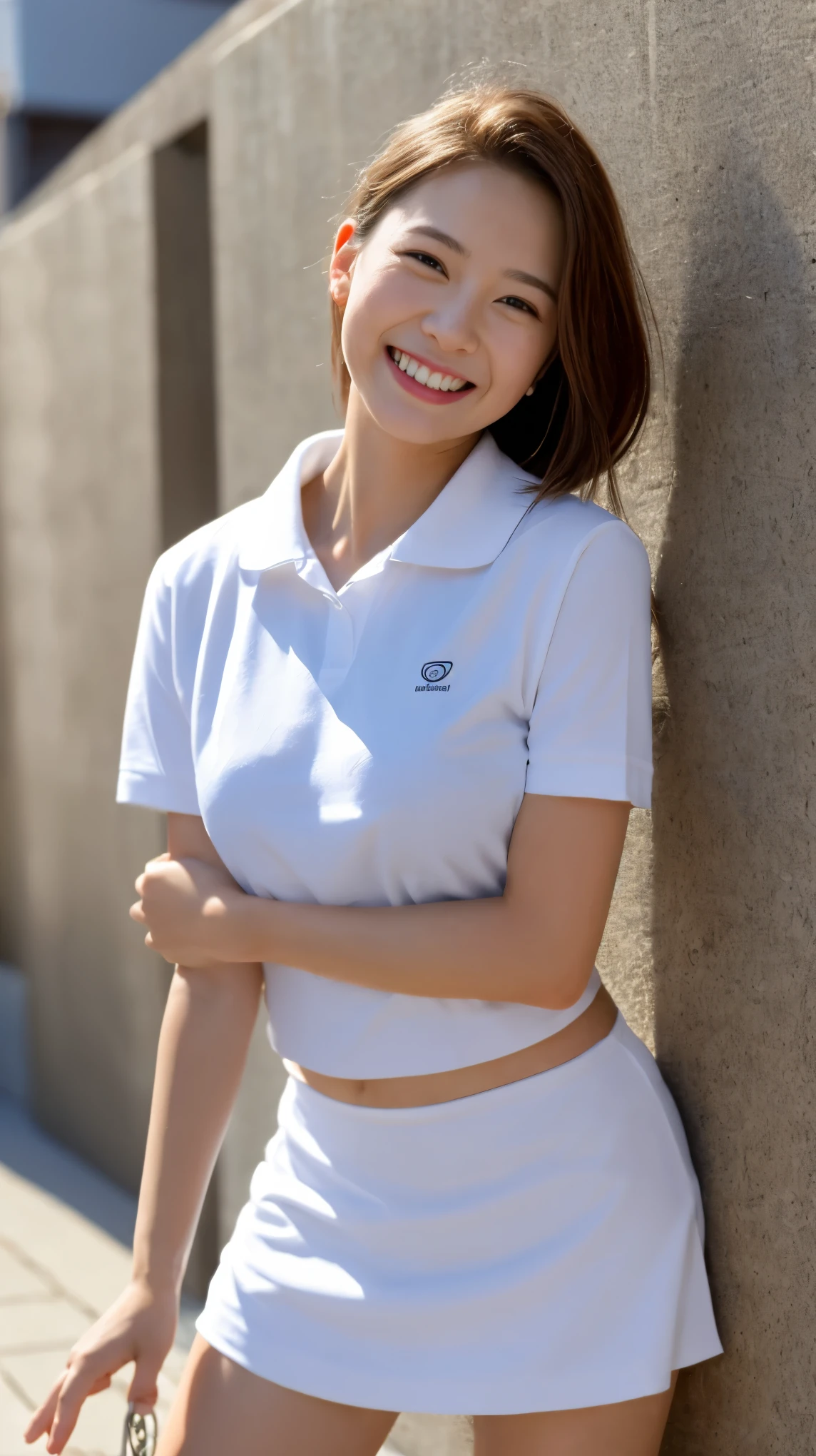 neat college girl, ite person, (school uniform, summer uniform, short sleeves), outside the athletic field, (slim, small, flat, small), photorealistic, detail, skin texture, super detail, delicate and sexy collarbone, smile, super detailed face, detailed lips, detailed eyes, double eyelids, legs sitting bending knees, squatting, white panties are visible from the skirt, Sexy poses