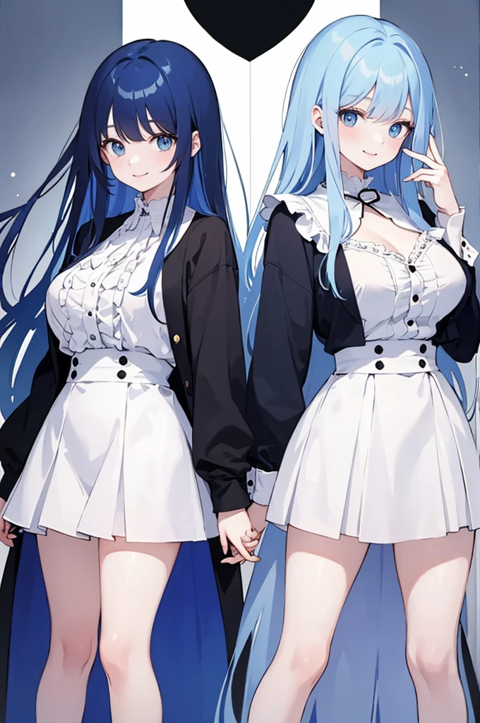 (masterpiece), (best quality), (ultra detailed),(dishevelled hair),(illustration), ((twins sisters, blue hair)(2woman)), long hair, standing, Fashion model ( ying yang clothes), looking at viewer, (interview), (casual school background),beautiful blue eyes, delicate beautiful face, ,(high saturation),(colorful splashes),(shining), blue hair (shining), bangs, best lighting, best shadow. smiling. big breast