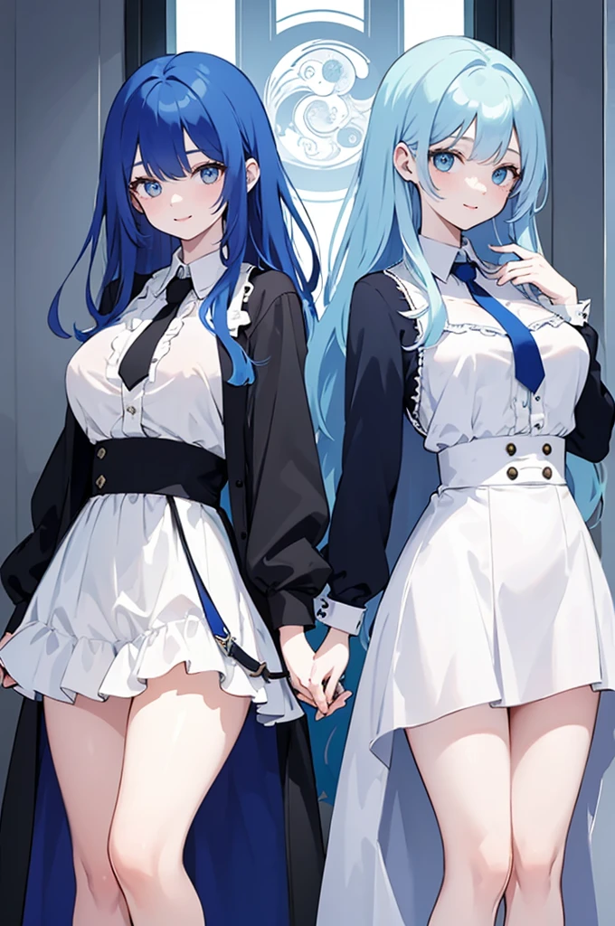(masterpiece), (best quality), (ultra detailed),(dishevelled hair),(illustration), ((twins sisters, blue hair)(2woman)), long hair, standing, Fashion model ( ying yang clothes), looking at viewer, (interview), (casual school background),beautiful blue eyes, delicate beautiful face, ,(high saturation),(colorful splashes),(shining), blue hair (shining), bangs, best lighting, best shadow. smiling. big breast