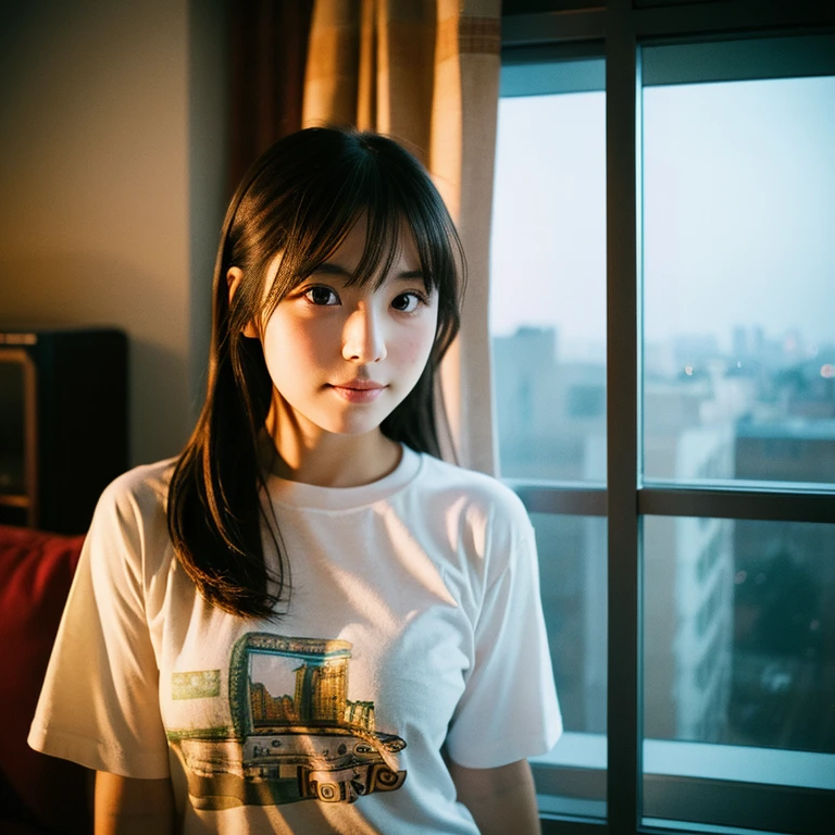 The face of a young, beautiful Japanese female idol standing by the window and posing like a model. Focal length 100mmf/2.8, early winter night, living room on the upper floor of a tower apartment, plain T-shirt and shorts, close-up of eyes, film quality.