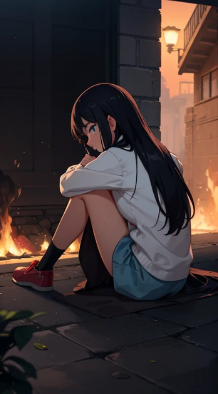 Devastated towns, fire, firestorms, midnight, 1girl sitting on ground, focus on back, long hair, ((pee))