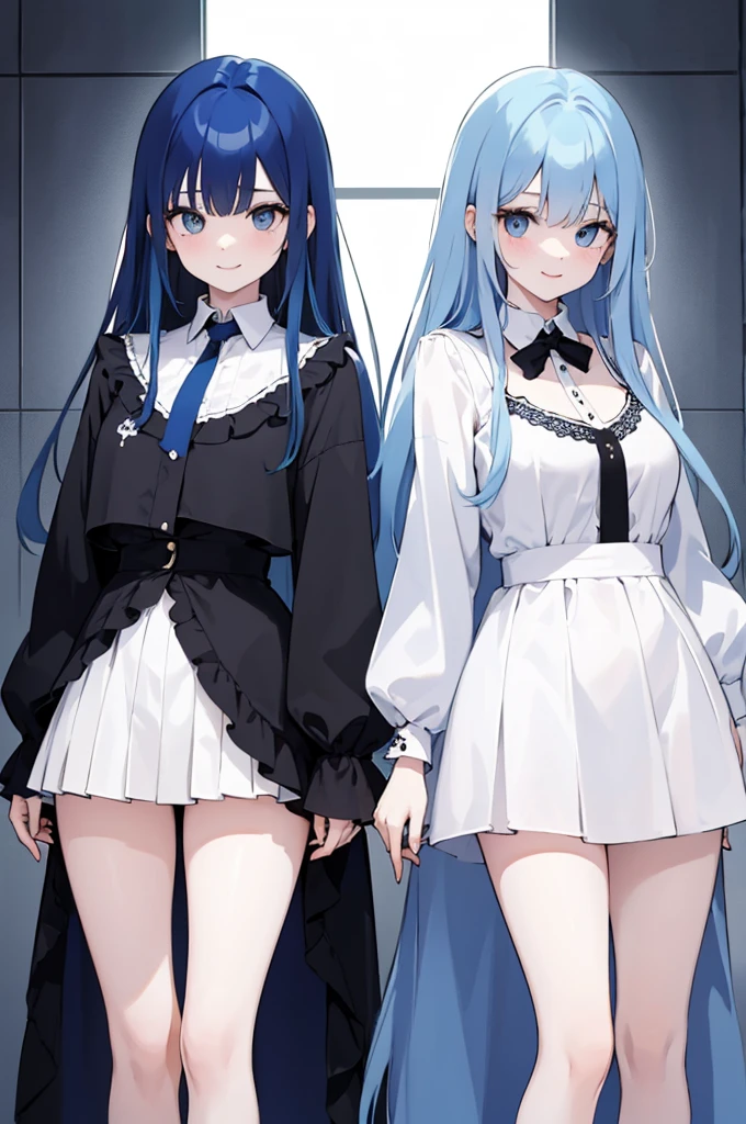 (masterpiece), (best quality), (ultra detailed),(dishevelled hair),(illustration), ((twins sisters, blue hair)(2woman)), long hair, standing, Fashion model ( ying yang clothes), looking at viewer, (interview), (casual school background),beautiful blue eyes, delicate beautiful face, ,(high saturation),(colorful splashes),(shining), blue hair (shining), bangs, best lighting, best shadow. smiling. big breast