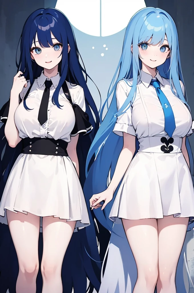 (masterpiece), (best quality), (ultra detailed),(dishevelled hair),(illustration), ((twins sisters, blue hair)(2woman)), long hair, standing, Fashion model ( ying yang clothes), looking at viewer, (interview), (casual school background),beautiful blue eyes, delicate beautiful face, ,(high saturation),(colorful splashes),(shining), blue hair (shining), bangs, best lighting, best shadow. smiling. big breast