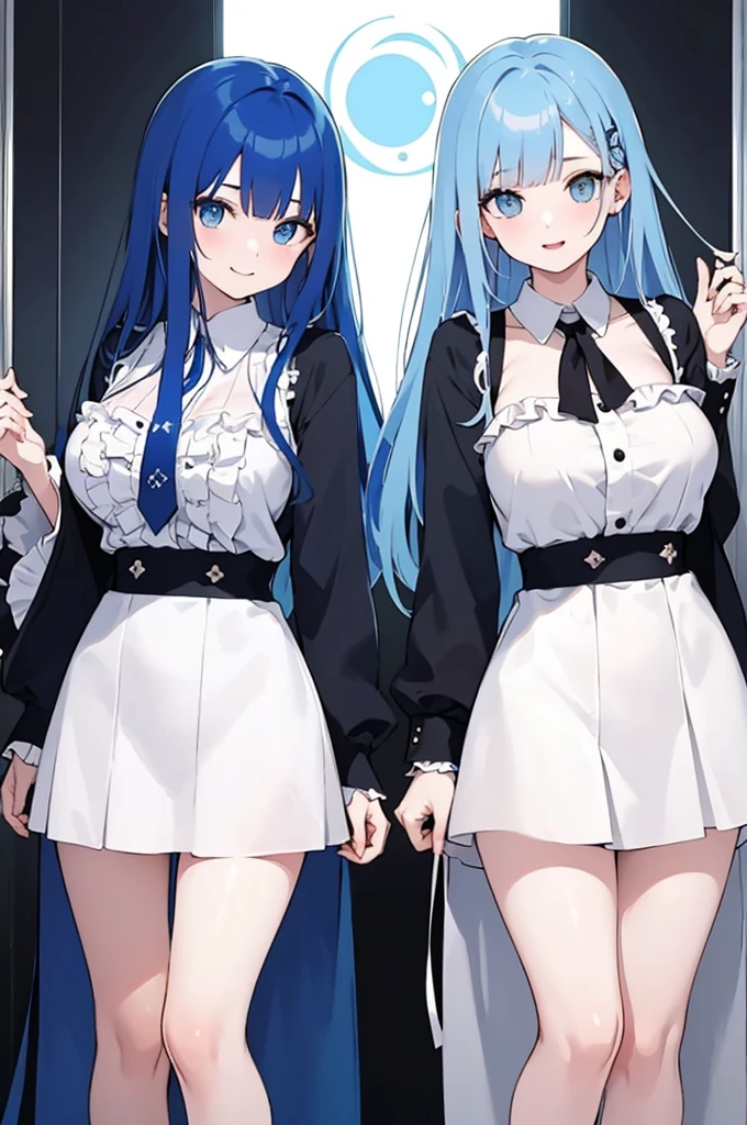 (masterpiece), (best quality), (ultra detailed),(dishevelled hair),(illustration), ((twins sisters, blue hair)(2woman)), long hair, standing, Fashion model ( ying yang clothes), looking at viewer, (interview), (casual school background),beautiful blue eyes, delicate beautiful face, ,(high saturation),(colorful splashes),(shining), blue hair (shining), bangs, best lighting, best shadow. smiling. big breast