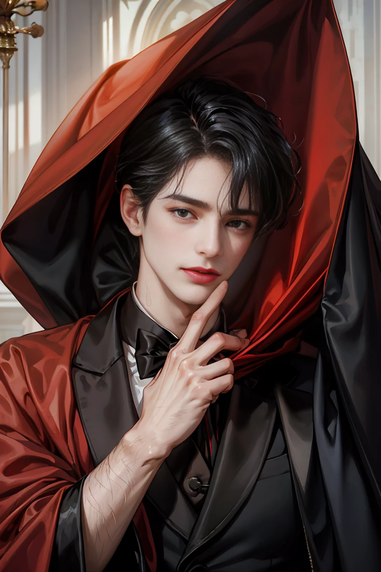 masterpiece, 最high quality, high quality, 1 boy, alone, male focus, looking at the viewer, whole body, Winning spirit_destiny, dirty black hair, blue adorable big eyes, white people, Noble, Noble, Noble的な吸血鬼、Classy tuxedo,A very large and long red and black cloak with a large collar, 20-year-old,cute beautiful boy,cute cute crying face