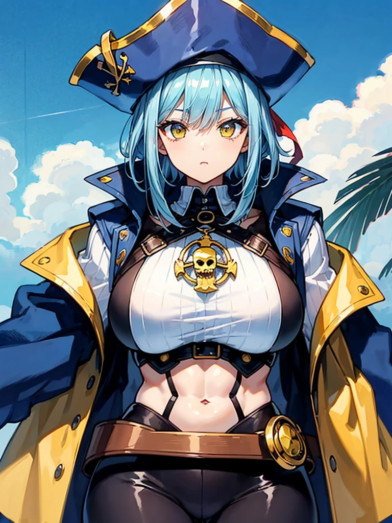 （（（masterpiece、Highest image quality、highest quality、highly detailed unity 8ｋwallpaper）））、（（Illustration of one girl、upper body））、（（（beautiful girl）））、（female pirate）、（Light light blue hair、short ponytail：1.2、yellow eyes）、（（tall））、（（（muscle girl, muscle, bulky figure, massive frame, thick neck, sturdy arms, powerful legs）））、（captain&#39;s suit、Pirate hat、Blue coat）、Pirate ship deck