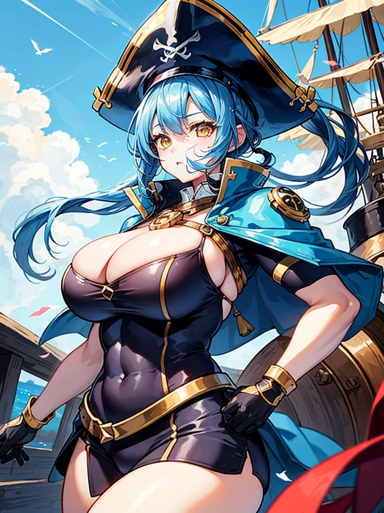 （（（masterpiece、Highest image quality、highest quality、highly detailed unity 8ｋwallpaper）））、（（Illustration of one girl、upper body））、（（（beautiful girl）））、（female pirate）、（Light light blue hair、short ponytail：1.2、yellow eyes）、（（tall））、（（（muscle girl, muscle, bulky figure, massive frame, thick neck, sturdy arms, powerful legs）））、（captain&#39;s suit、Pirate hat、Blue coat）、Pirate ship deck