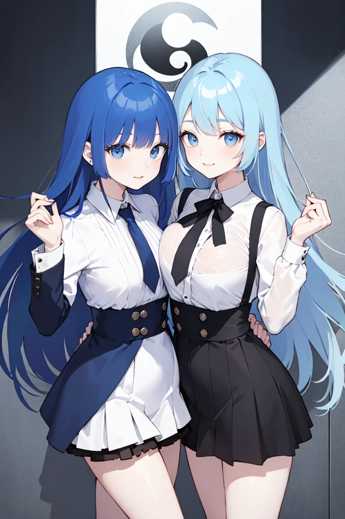 (masterpiece), (best quality), (ultra detailed),(dishevelled hair),(illustration), ((twins sisters, blue hair)(2woman)), long hair, standing, Fashion model ( ying yang clothes), looking at viewer, (interview), (casual school background),beautiful blue eyes, delicate beautiful face, ,(high saturation),(colorful splashes),(shining), blue hair (shining), bangs, best lighting, best shadow. smiling. big breast