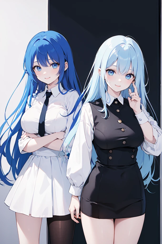 (masterpiece), (best quality), (ultra detailed),(dishevelled hair),(illustration), ((twins sisters, blue hair)(2woman)), long hair, standing, Fashion model ( ying yang clothes), looking at viewer, (interview), (casual school background),beautiful blue eyes, delicate beautiful face, ,(high saturation),(colorful splashes),(shining), blue hair (shining), bangs, best lighting, best shadow. smiling. big breast