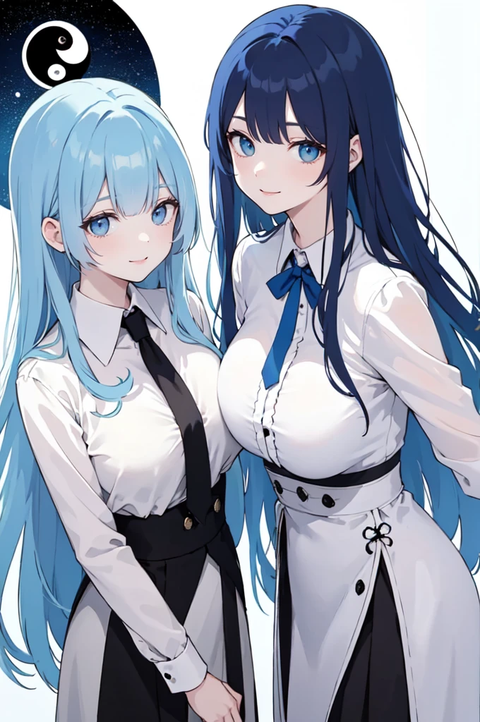 (masterpiece), (best quality), (ultra detailed),(dishevelled hair),(illustration), ((twins sisters, blue hair)(2woman)), long hair, standing, Fashion model ( ying yang clothes), looking at viewer, (interview), (casual school background),beautiful blue eyes, delicate beautiful face, ,(high saturation),(colorful splashes),(shining), blue hair (shining), bangs, best lighting, best shadow. smiling. big breast