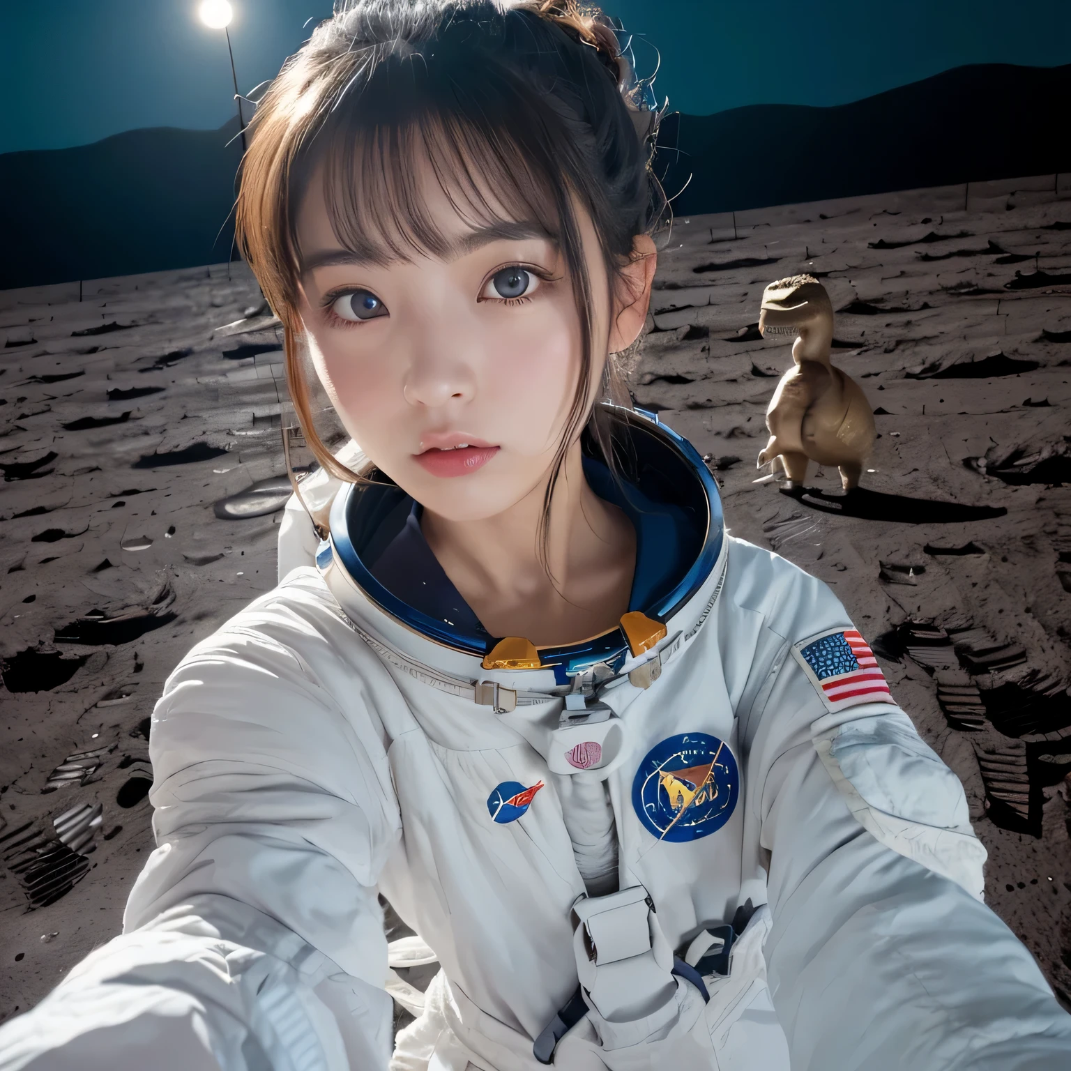 (Girl taking selfie on the moon:1.5) ,(landing on the moon:1.2),( Dinosaurs in the distance:1.5),original photography,(ultimate beauty portrait、dry skin 、top quality、Super detailed、movie light、intricate details、high resolution、Very detailed、1 girl、huge breasts,cold expression、brown hair、Big eyes sparkling like gems、Harajuku、24 year old beautiful girl),space suit