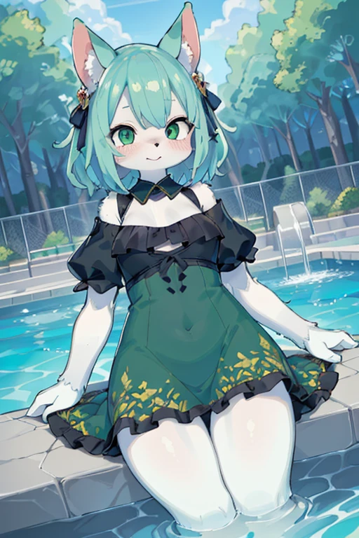 ((highest quality,8K，16k, masterpiece: 1.3)),,disorganized解像度，furry, animal ears,  tail, body fur, (ultra-detailed), (figure), (ultra high resolution), (delicate figure), (hyper detailed),1girl, green_dress, green_eye, green_hair, blush, dress, length_dispel, outdoor, pool, short_hair, , soaking_feet, twintails, two_~ side_superior, water， detailed background, World Heritage Site, 6+the boys, 6+girl, Happy, Joyful, disorganized(Photos of solo travelers)(kemono, furry人),Composed like a pro，dynamic angle，ultra wide angle