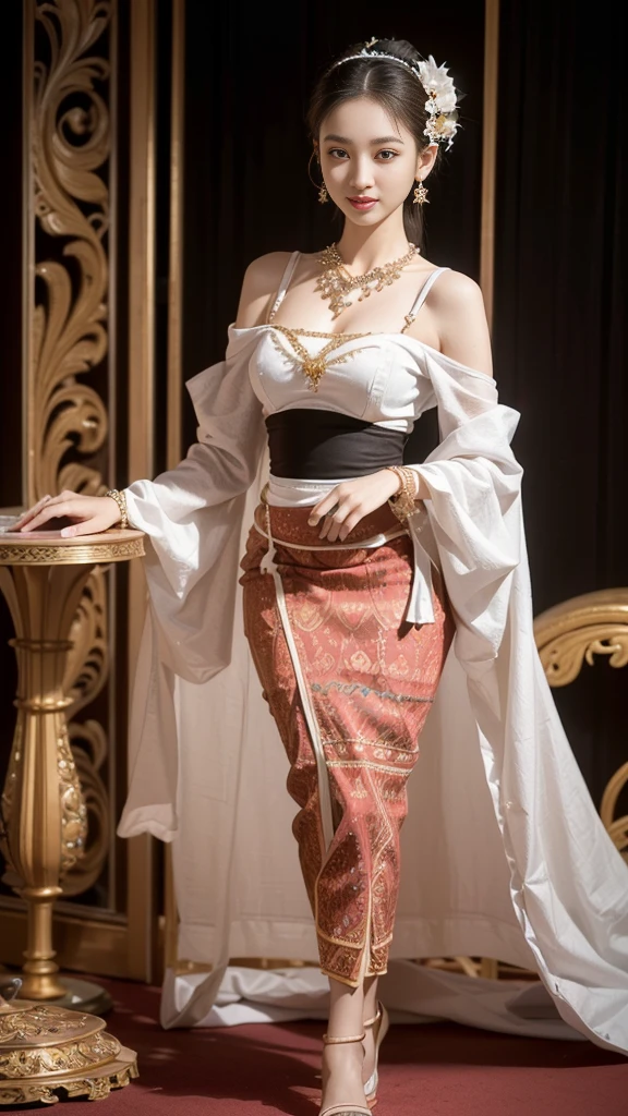 (raw photos:1.2), (realistic:1.4), (Masterpiece:1.3), (best quality:1.4), Ultra high resolution, (Detailed eyes), (Detailed facial features), (Detailed clothing features), HDR, 8K resolution, Focus only, Dressing according to Thai tradition, Traditional shawl , 1 woman , big breasts, A gigantic rift, big breastsดันเสื้อผ้า, big breast, Breasts are fully grown., Make your breasts bigger.., small waist, Long legs, Facing the audience, Full body, depth of field, Cinema-grade lighting system, big breasts, too big for your body, Showing a flat stomach, The lower half of the breast is visible., Sexy sitting or lying position, Picture from a very low angle, Gestures that capture a man's heart, Gestures that arouse emotion, legs apart, Spread your legs apart., reveal