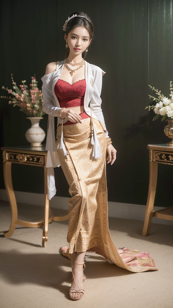 (realistic:1.3), Crazy details, quality, (Create a masterpiece:1.2), (ภาพrealistic:1.2), (qualityที่ดีที่สุด), (Fine skin:1.3), (complicated details), Ray Tracing, ((full body picture)), ((ผู้หญิง 1 person)), (((1 person))), 18-20 years old, ((ผมlong)), smile, red dress, patterned skirt, Contrast color between dress and skirt, skirt pattern, Show off beautiful shoulders, ((earring, necklace, Javanese jewelry)), ((big breasts, Beautiful breasts, breast augmentation, Beautiful breasts)), ((small waist, small thighs, long, Slender legs)), ((รูปร่างเพรียวthin, thin)), (blurred background)
