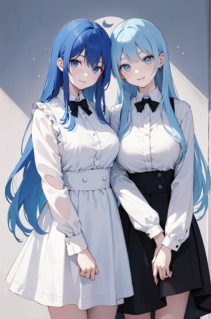 (masterpiece), (best quality), (ultra detailed),(dishevelled hair),(illustration), ((twins sisters, blue hair)(2woman)), long hair, standing, Fashion model ( ying yang clothes), looking at viewer, (interview), (casual school background),beautiful blue eyes, delicate beautiful face, ,(high saturation),(colorful splashes),(shining), blue hair (shining), bangs, best lighting, best shadow. smiling. big breast